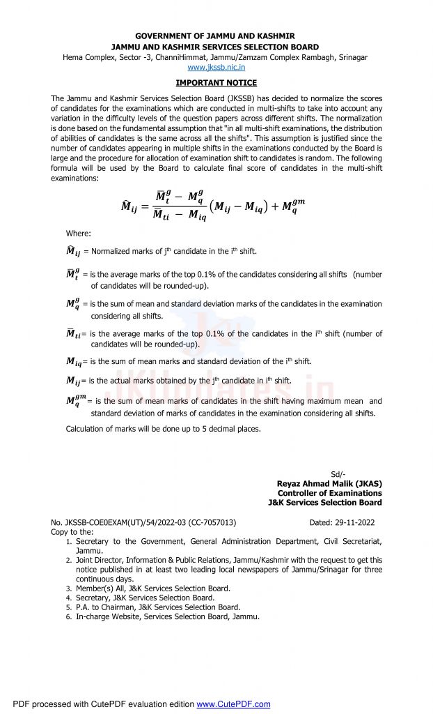 JKSSB Notification for Normalization for Multi-Shift CBT Examinations